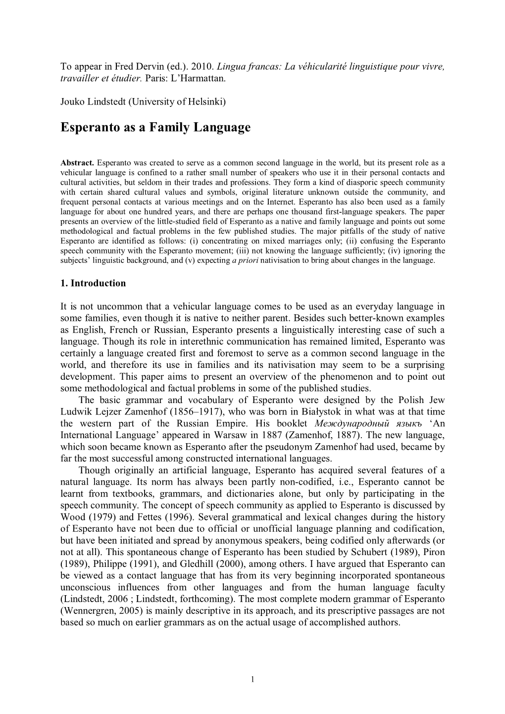 Esperanto As a Family Language