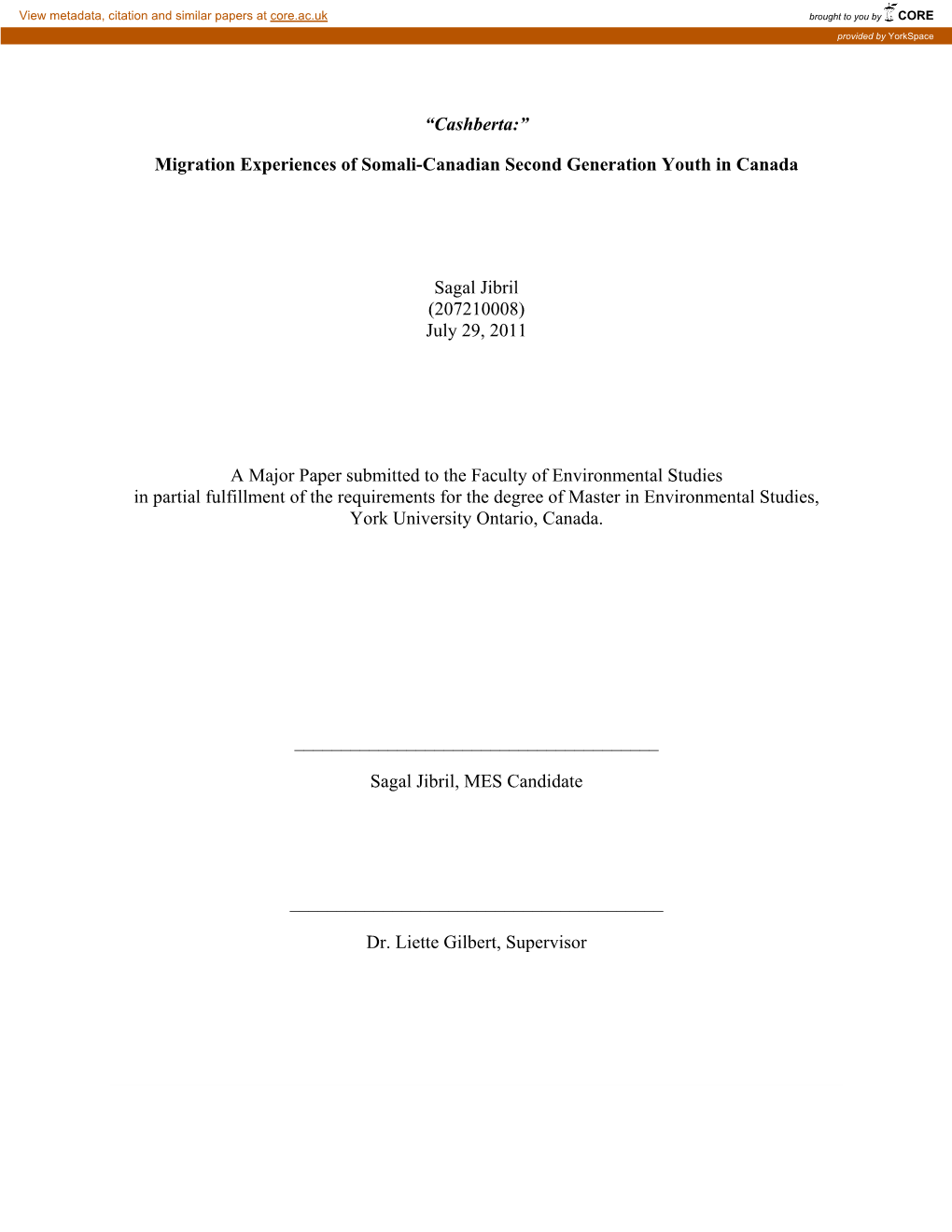Migration Experiences of Somali-Canadian Second Generation Youth in Canada