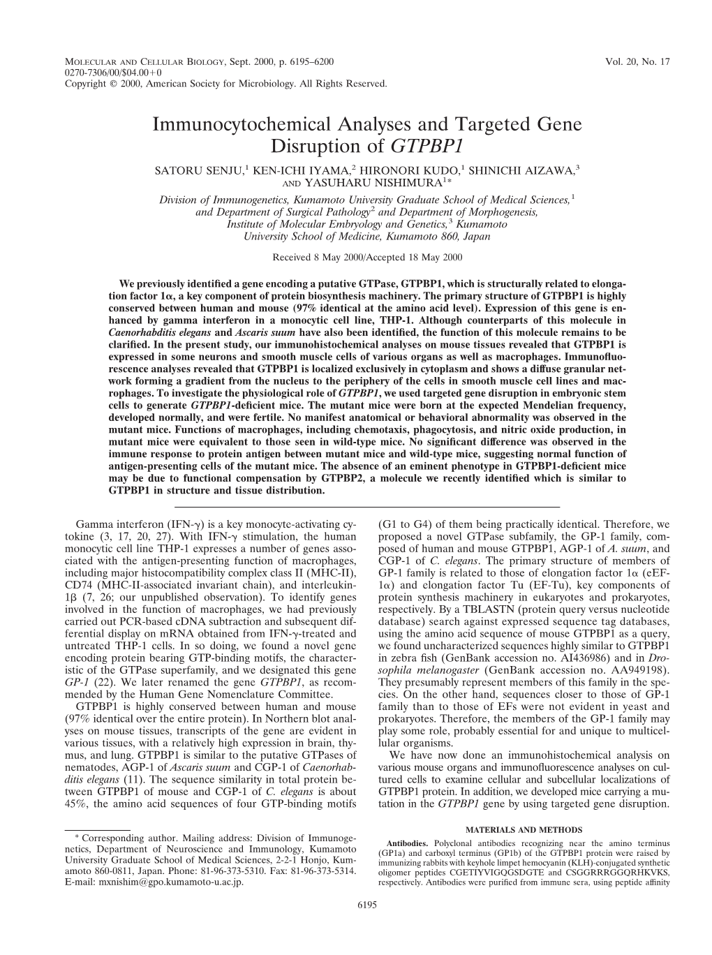 Immunocytochemical Analyses and Targeted Gene Disruption of GTPBP1