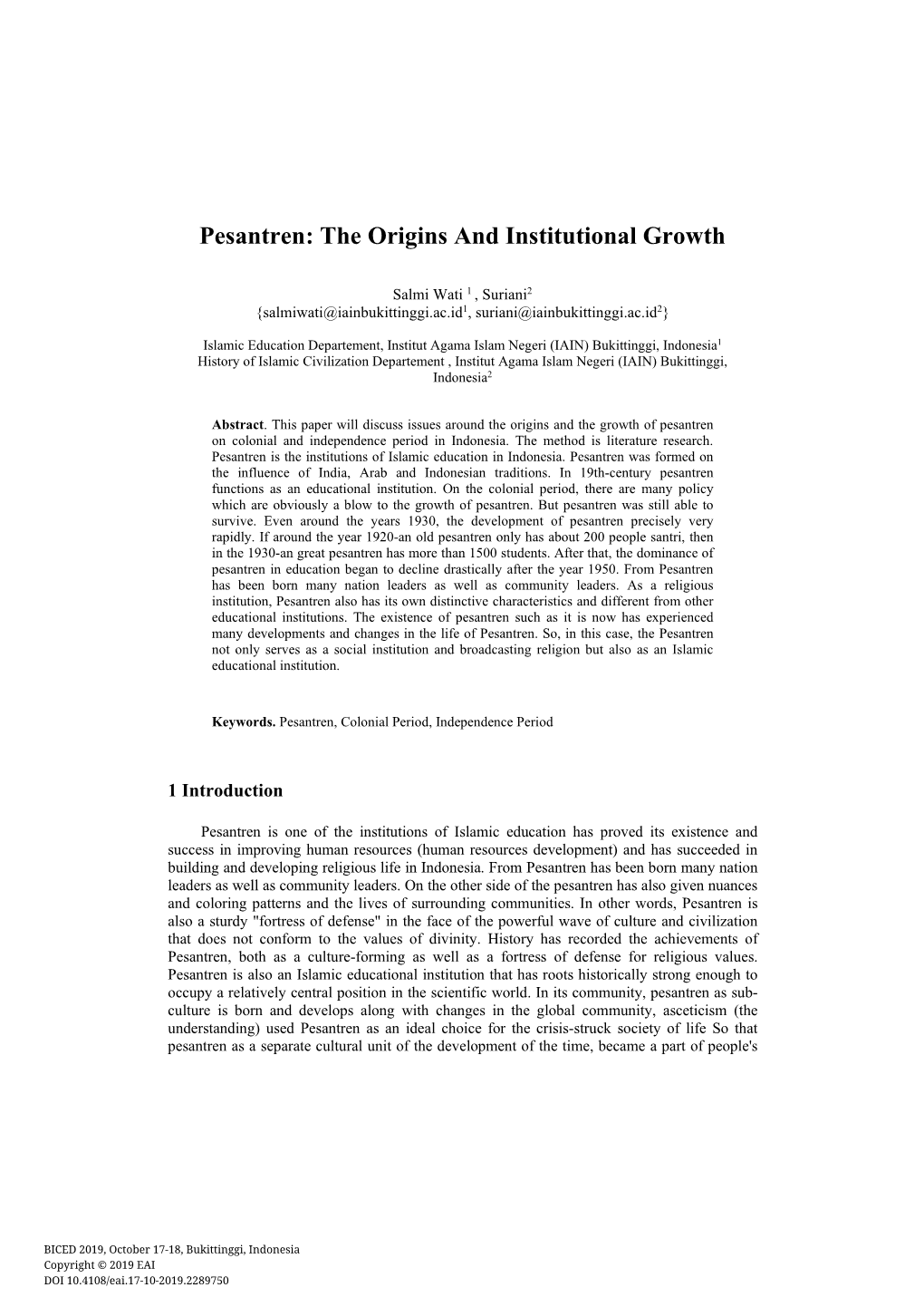 Pesantren: the Origins and Institutional Growth