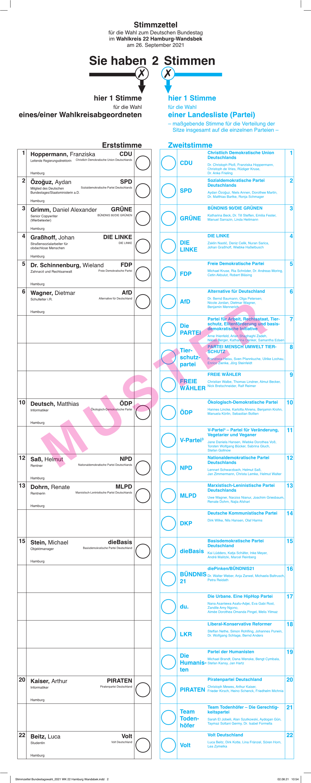 Stimmzettel Bundestagswahl 2021 WK 22 Hamburg Wandsbek.Indd 2 02.08.21 10:54