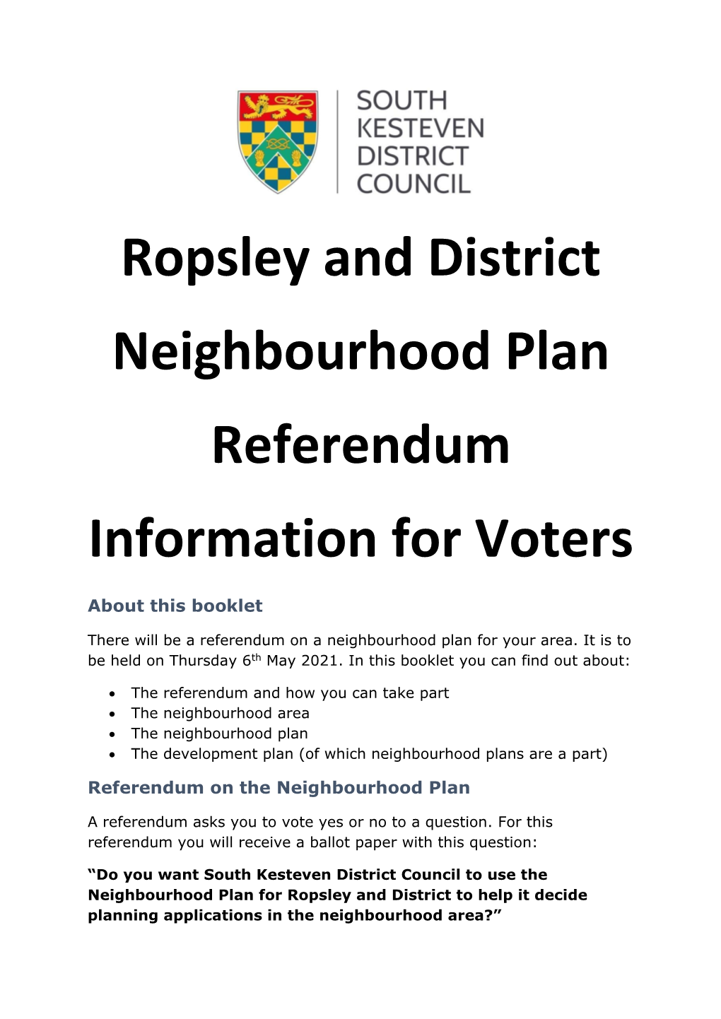 Ropsley and District Neighbourhood Plan Referendum Information for Voters