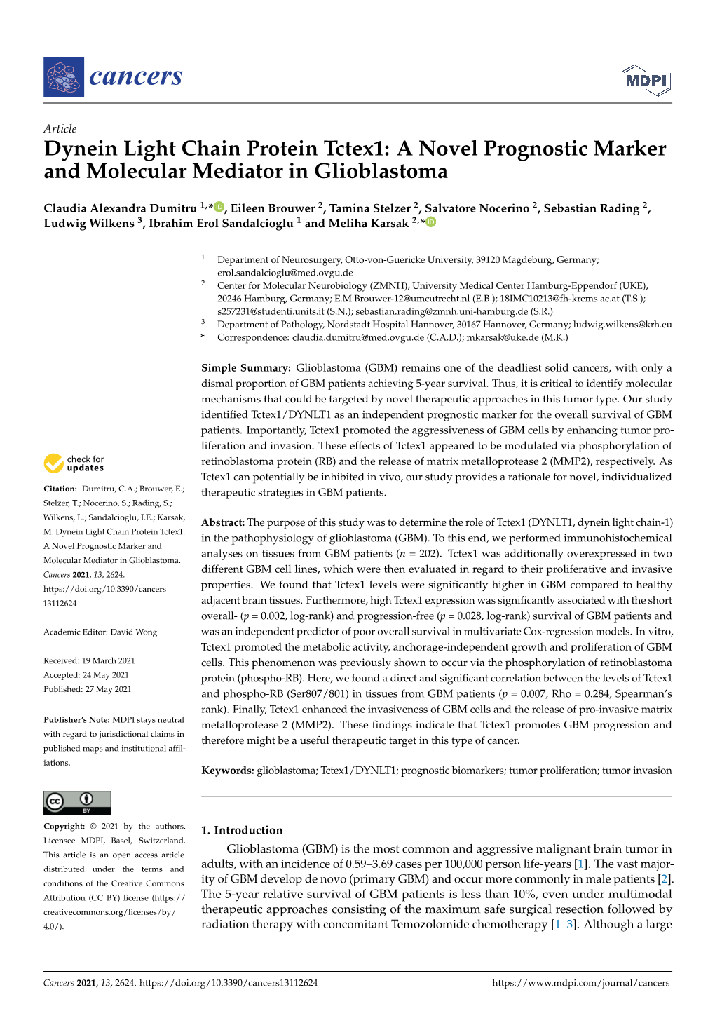 Dynein Light Chain Protein Tctex1: a Novel Prognostic Marker and Molecular Mediator in Glioblastoma