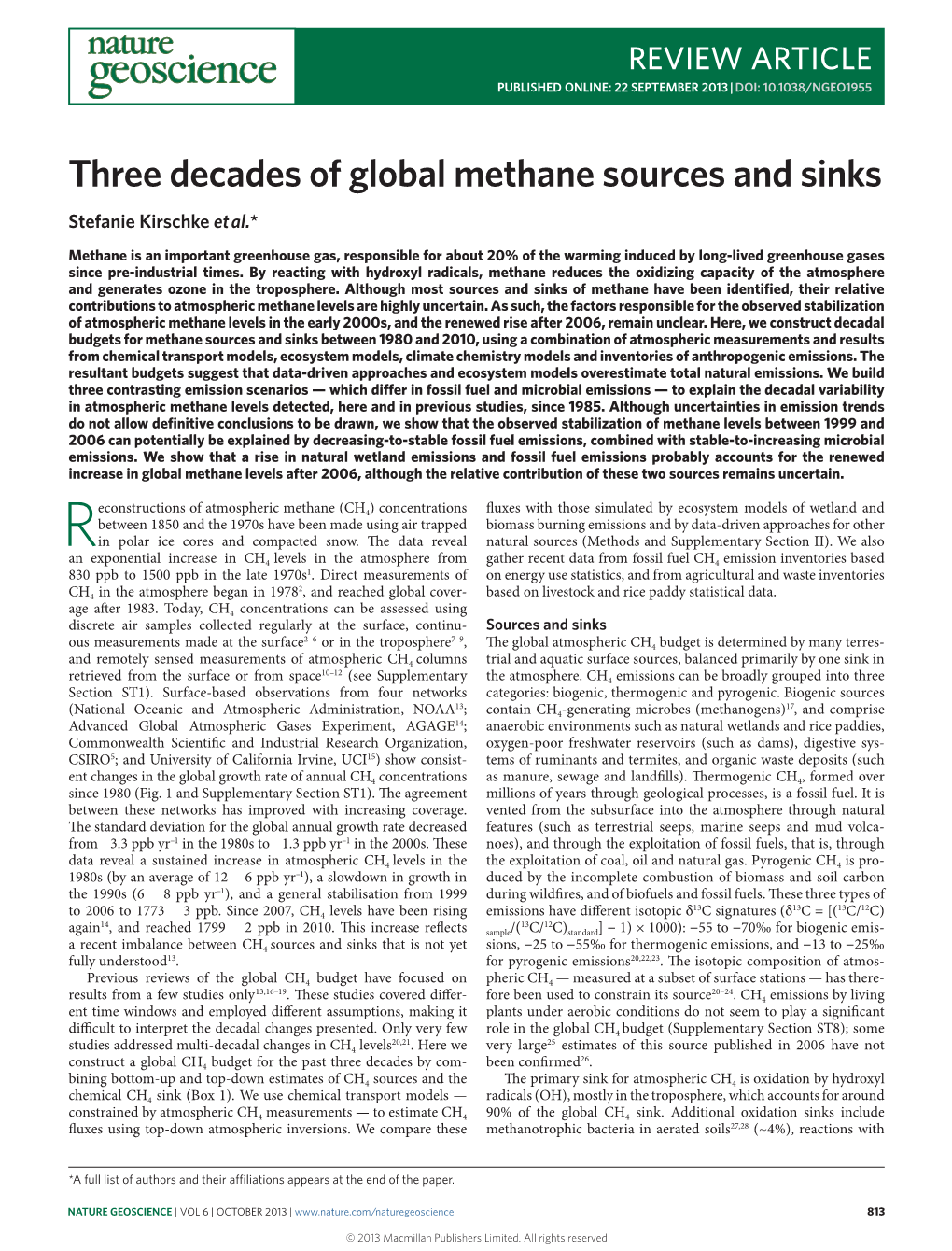 Three Decades of Global Methane Sources and Sinks Stefanie Kirschke Et Al.*