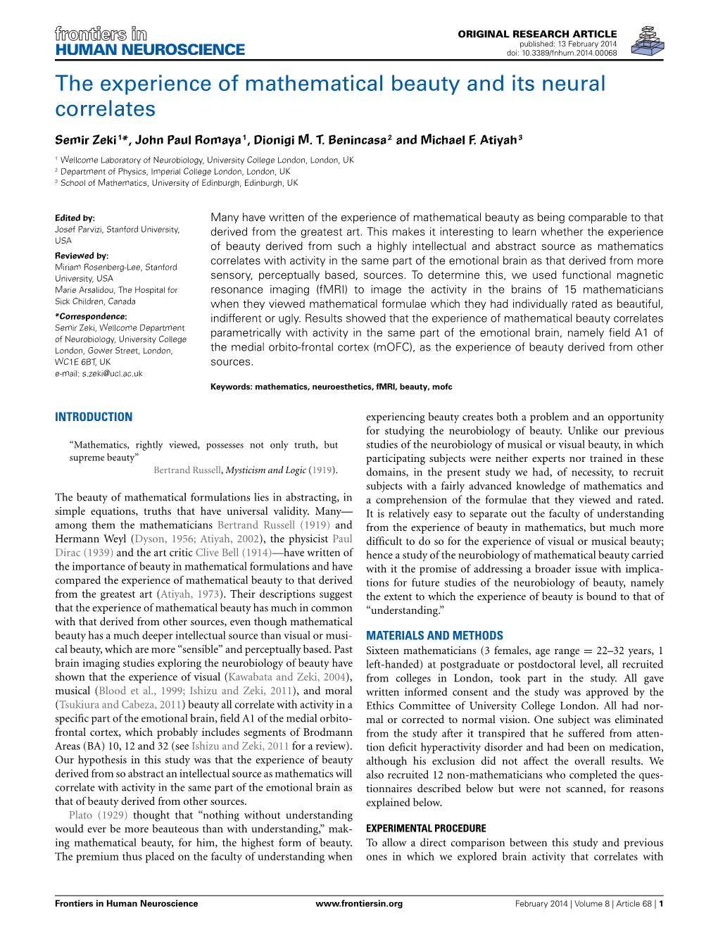 The Experience of Mathematical Beauty and Its Neural Correlates