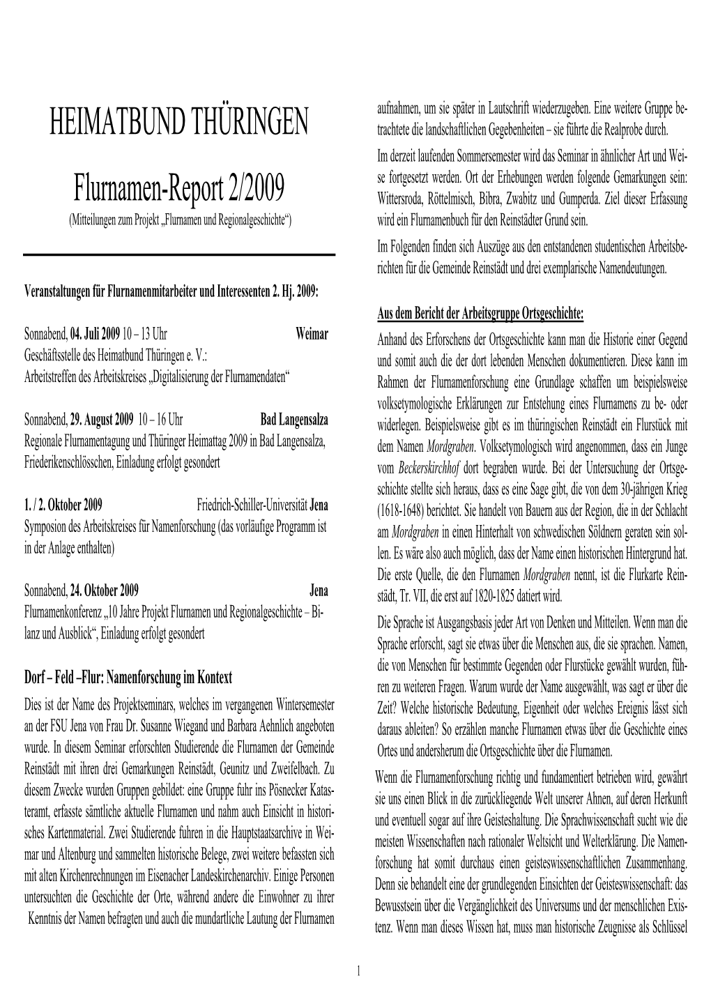 HEIMATBUND THÜRINGEN Flurnamen-Report 2/2009