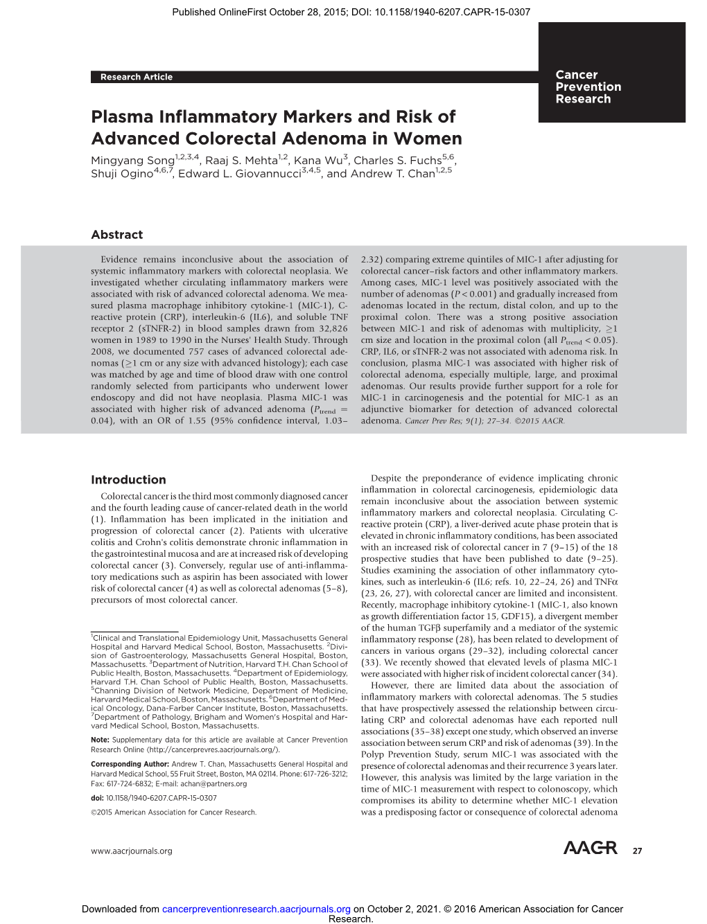 Plasma Inflammatory Markers and Risk of Advanced Colorectal Adenoma in Women