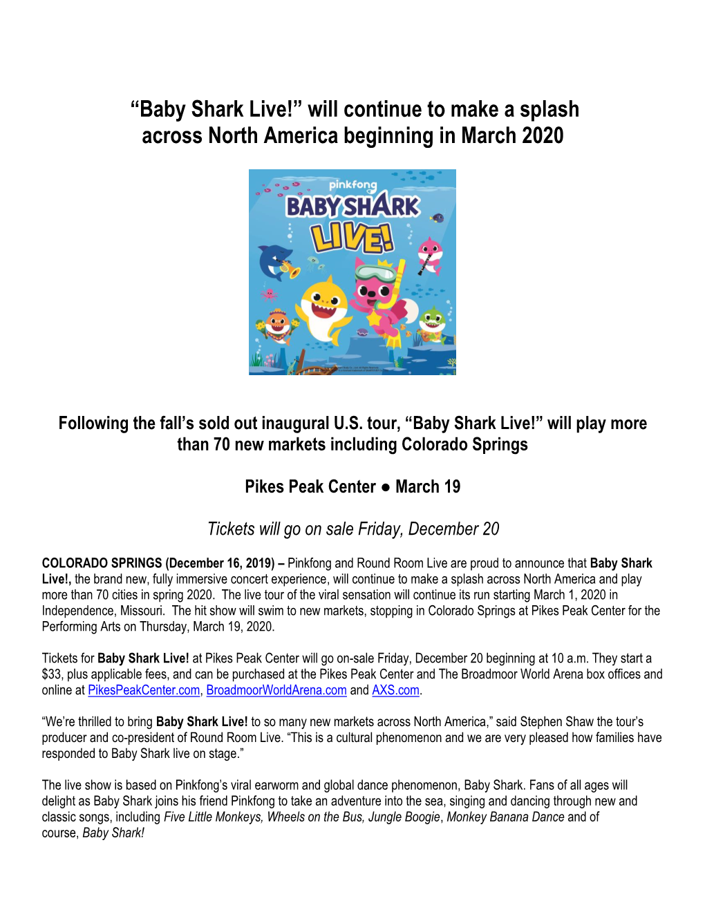 Baby Shark Live!” Will Continue to Make a Splash Across North America Beginning in March 2020