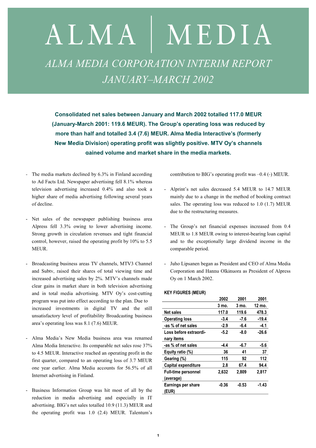Alma Media Corporation Interim Report January–March 2002