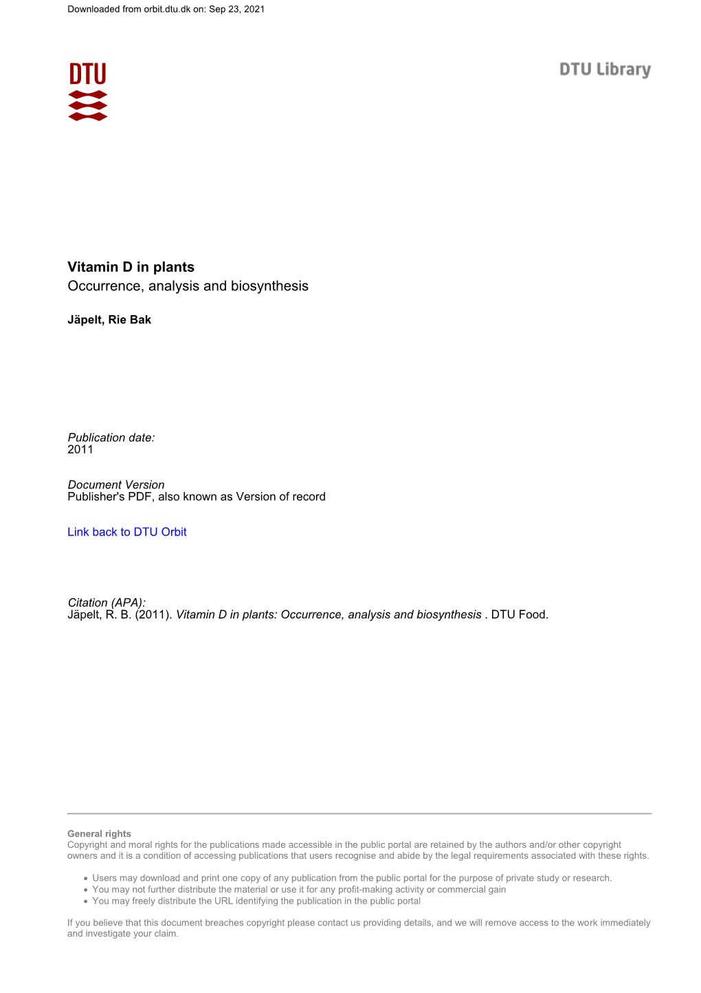 Vitamin D in Plants Occurrence, Analysis and Biosynthesis