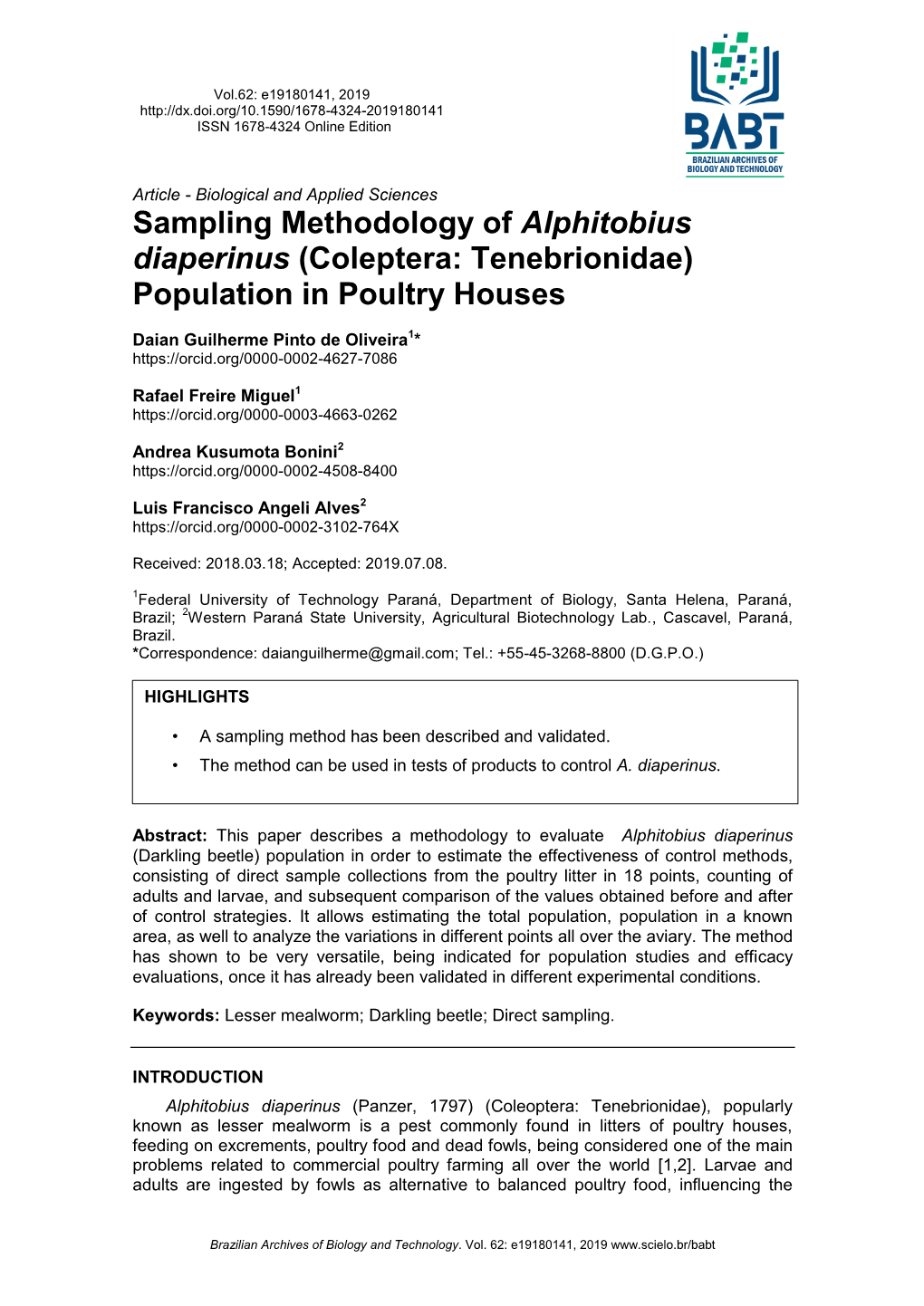 Sampling Methodology of Alphitobius Diaperinus (Coleptera: Tenebrionidae) Population in Poultry Houses