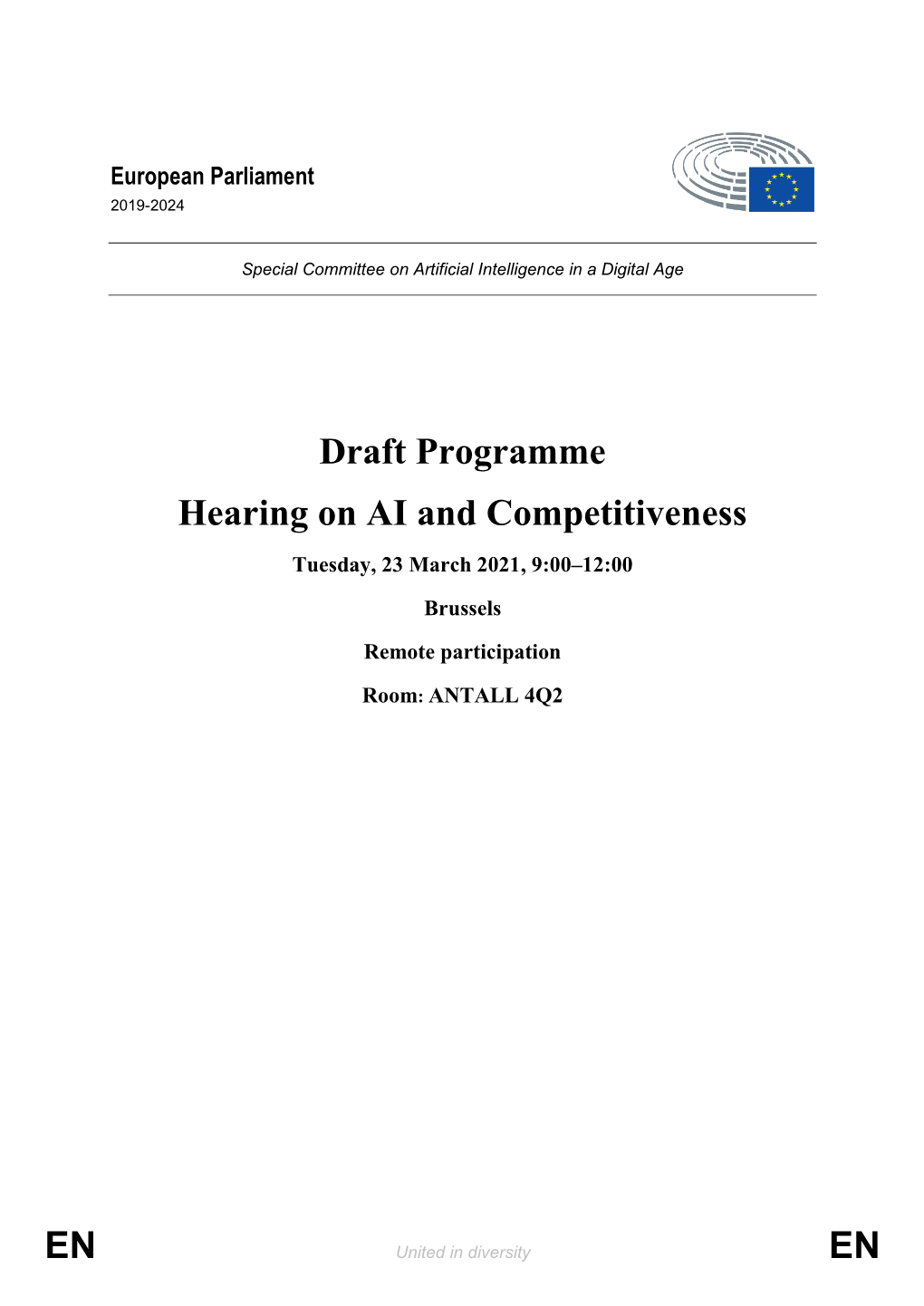 EN EN Draft Programme Hearing on AI and Competitiveness