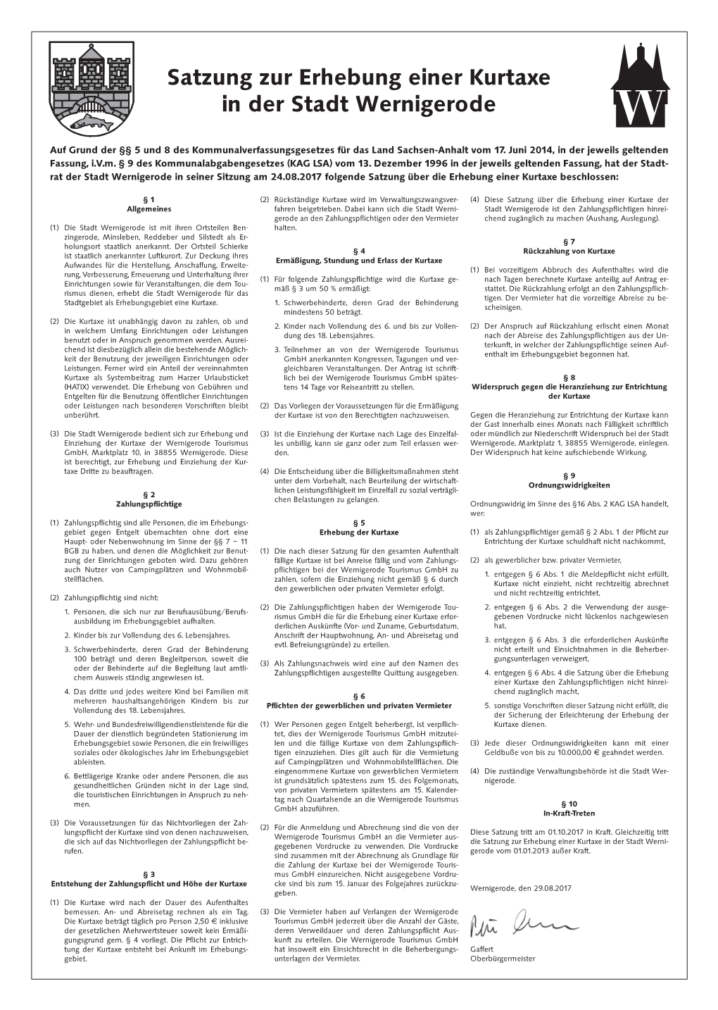 Satzung Zur Erhebung Einer Kurtaxe in Der Stadt Wernigerode