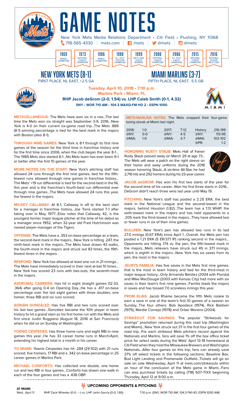 GAME NOTES New York Mets Media Relations Department • Citi Field • Flushing, NY 11368 718-565-4330 | Mets.Com | /Mets | @Mets | @Mets