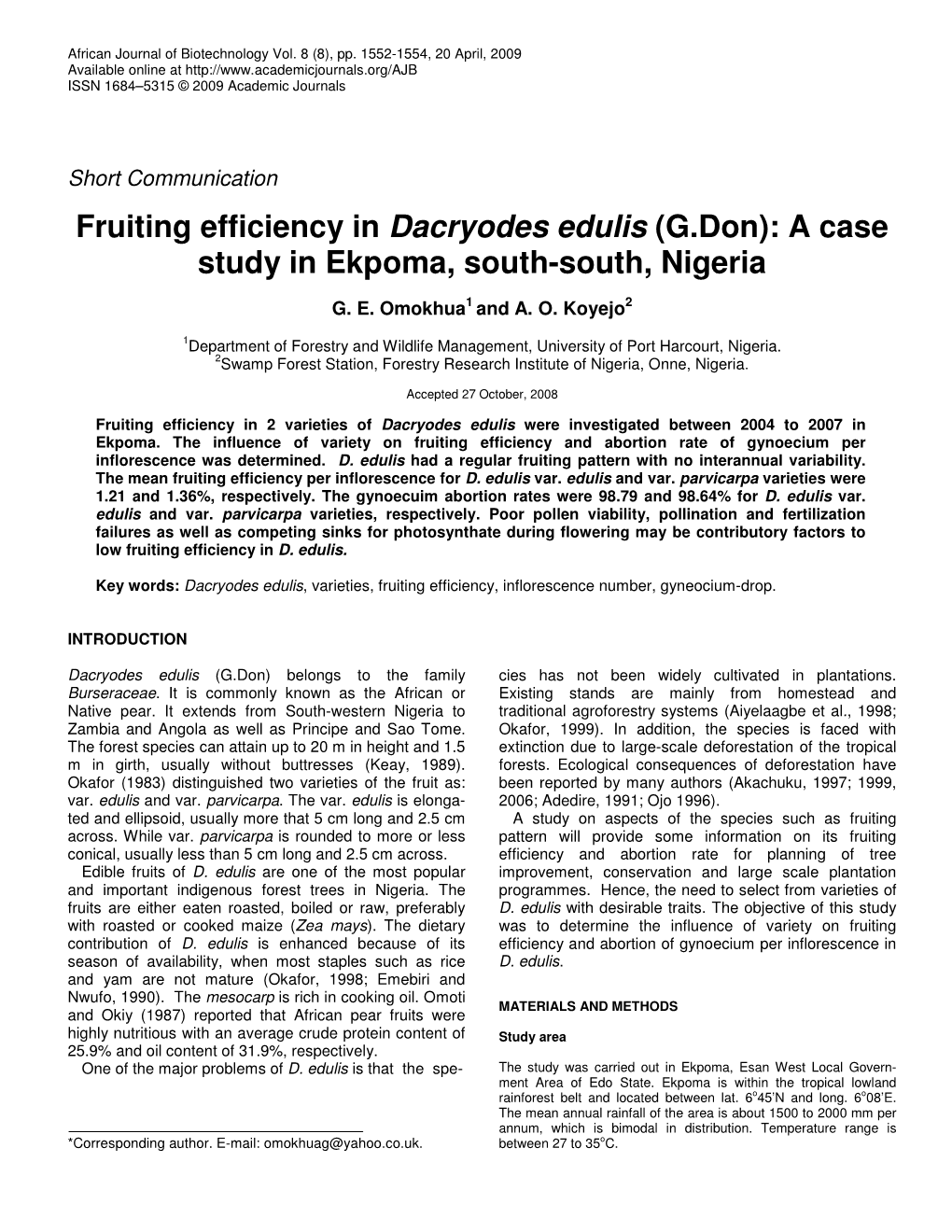 Fruiting Efficiency in Dacryodes Edulis (G.Don): a Case Study in Ekpoma, South-South, Nigeria