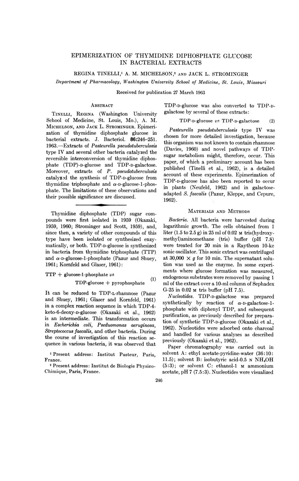 Epimerization of Thymidine Diphosphate Glucose in Bacterial Extracts Regina Tinelli,1 A