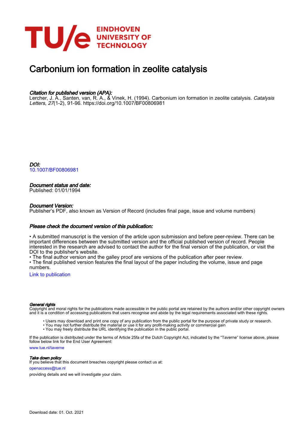 Carbonium Ion Formation in Zeolite Catalysis