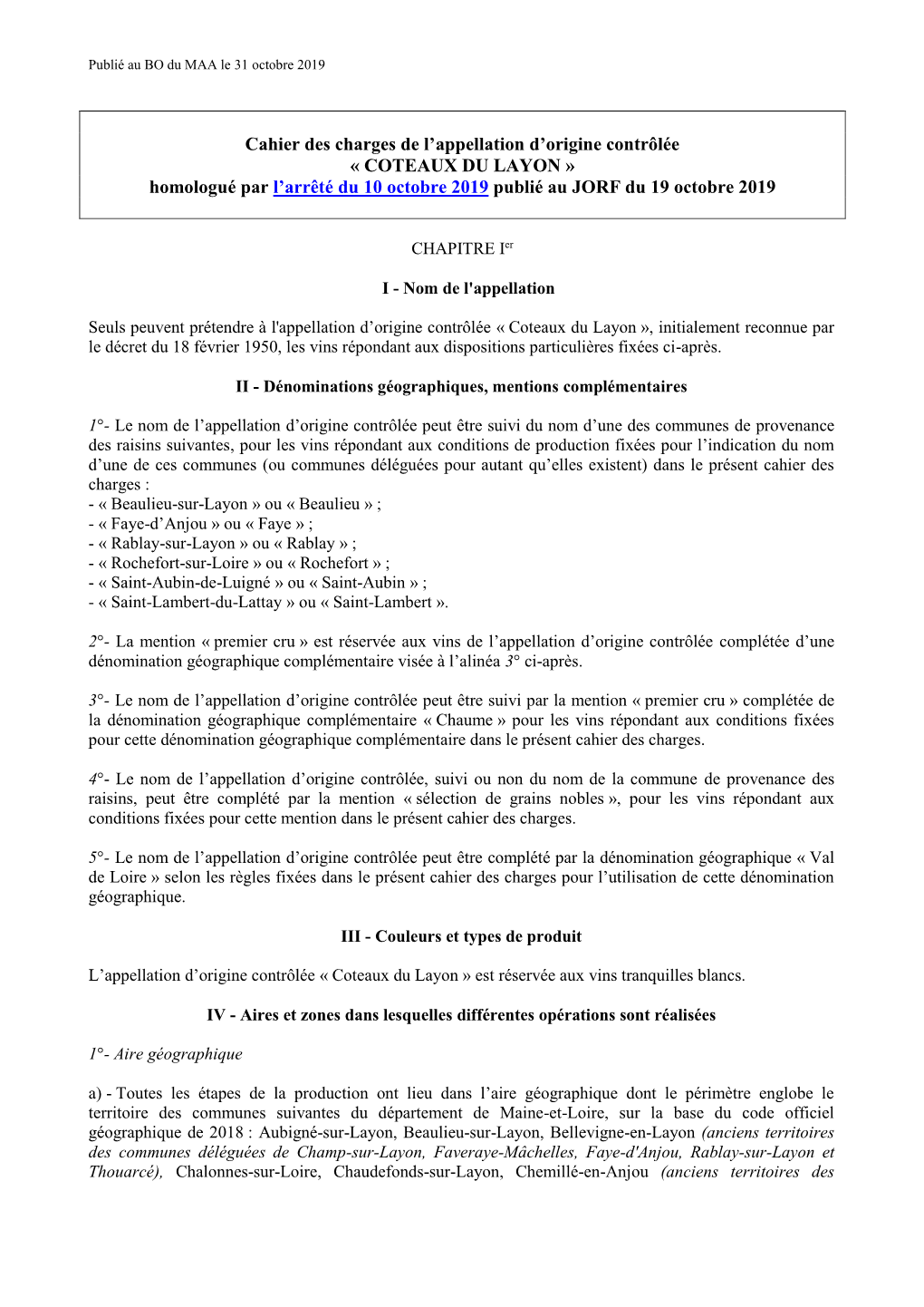 COTEAUX DU LAYON » Homologué Par L’Arrêté Du 10 Octobre 2019 Publié Au JORF Du 19 Octobre 2019