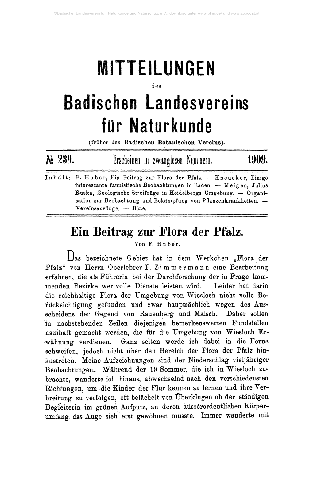 MITTEILUNGEN Badischen Landesvereins Für Naturkunde