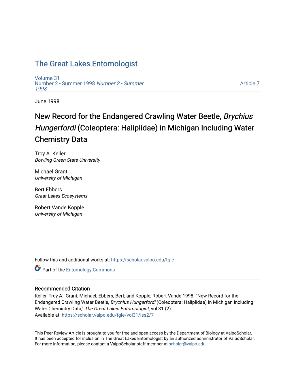 New Record for the Endangered Crawling Water Beetle, Brychius Hungerfordi (Coleoptera: Haliplidae) in Michigan Including Water Chemistry Data