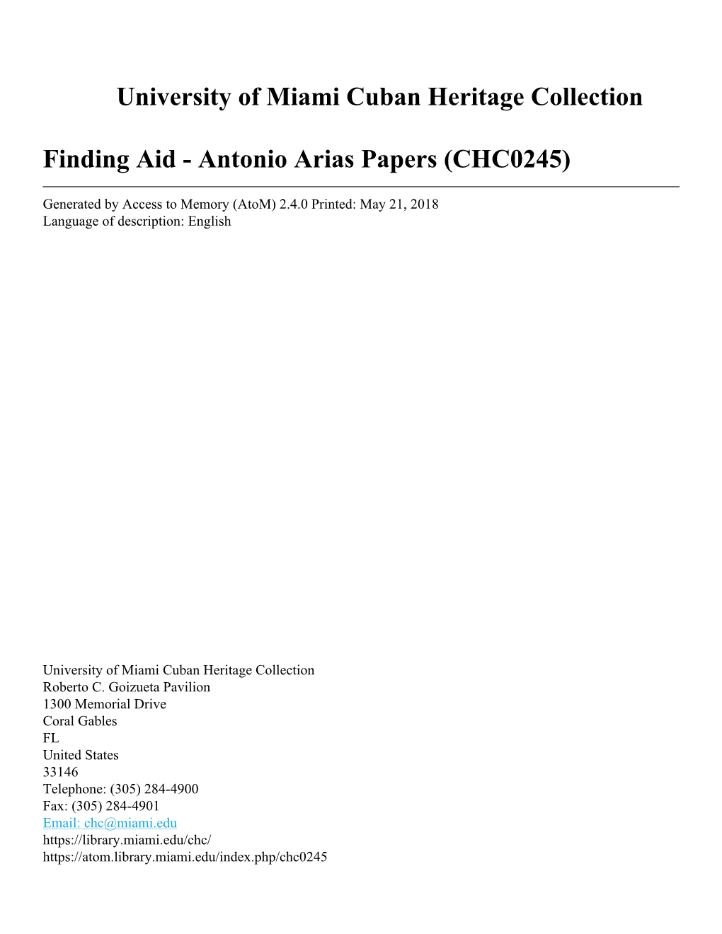 Antonio Arias Papers (CHC0245)