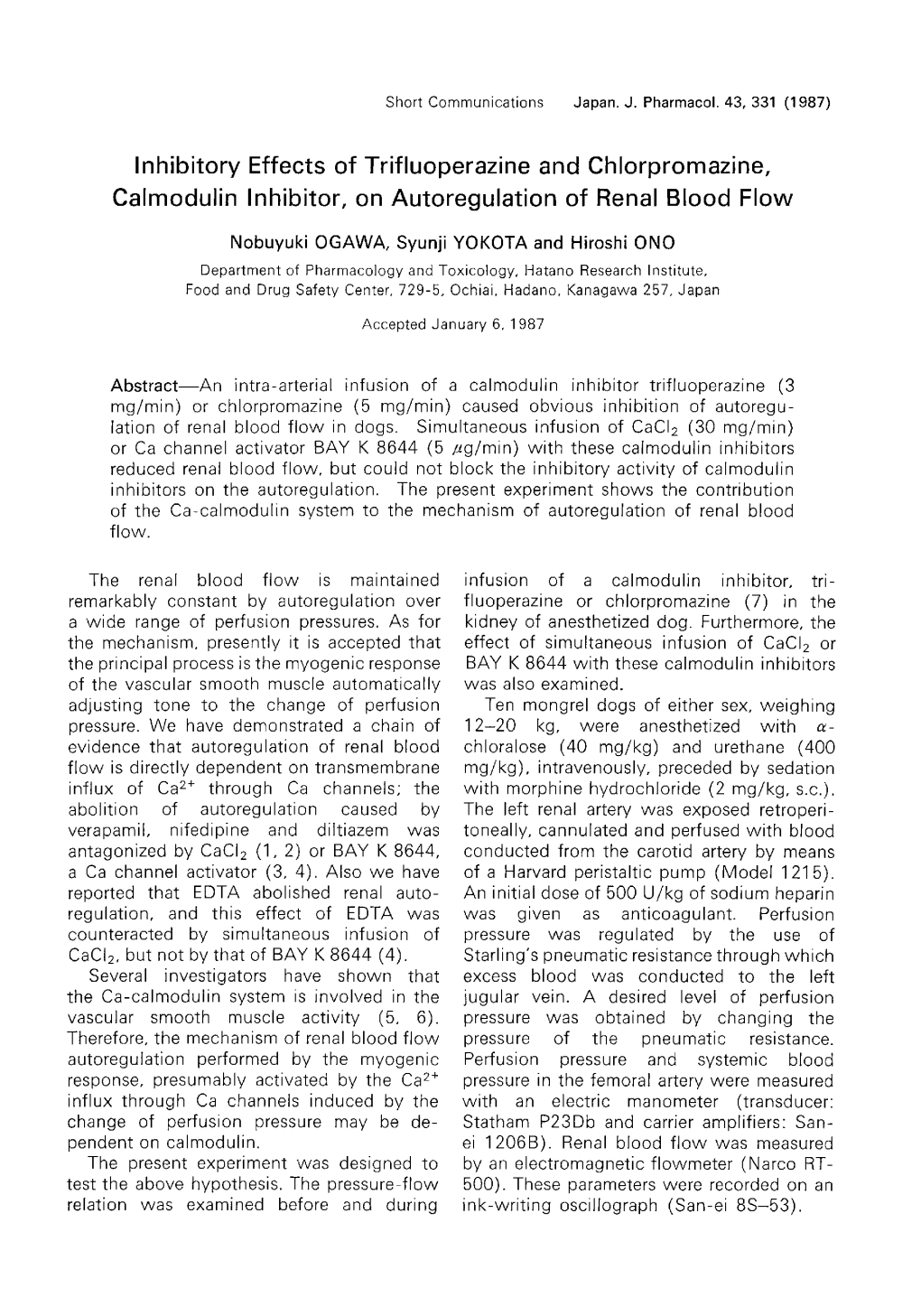 Inhibitory Effects of Trifluoperazine and Chlorpromazine, Calmodulin Inhibitor, on Autoregulation of Renal Blood Flow