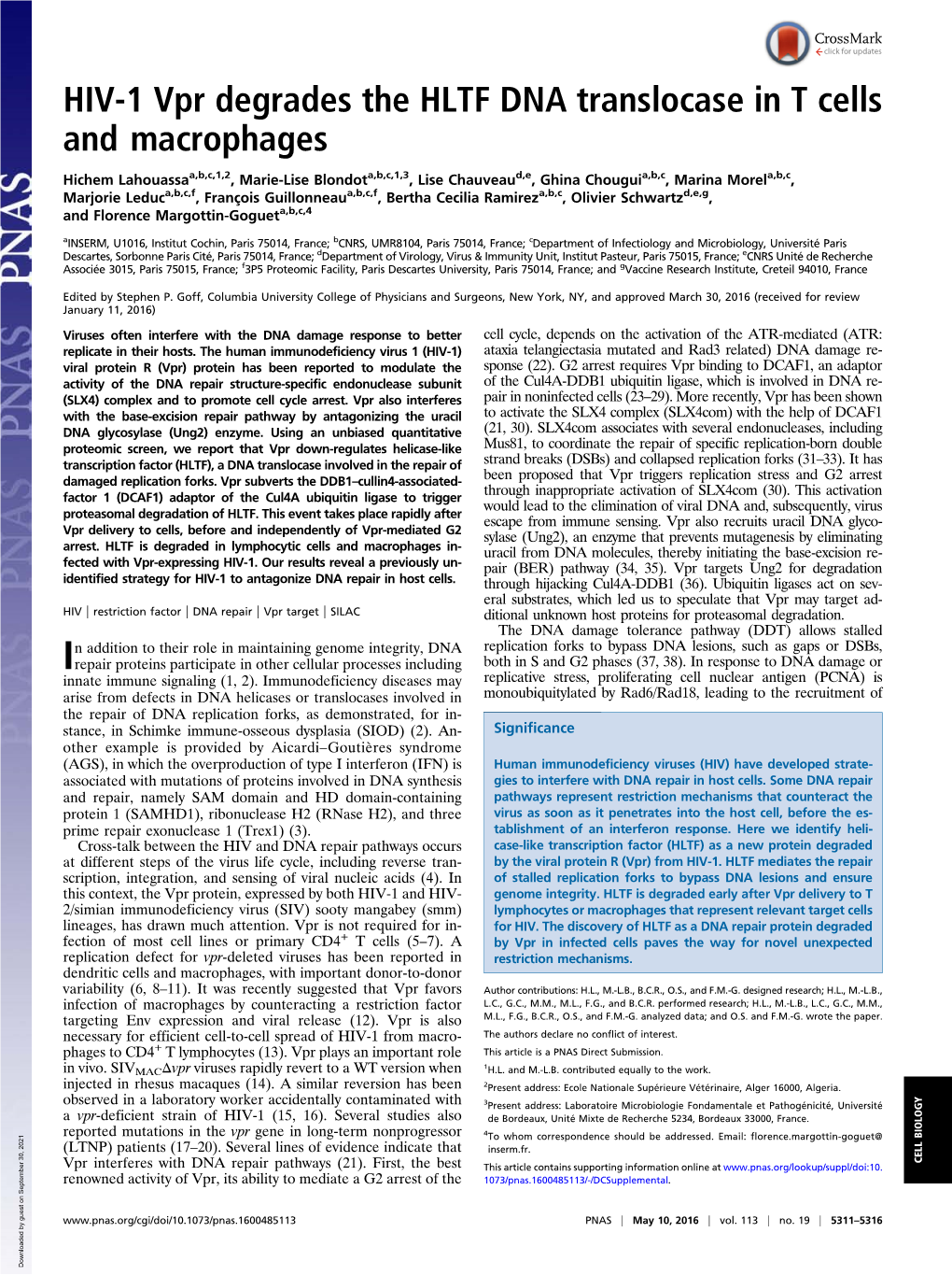 HIV-1 Vpr Degrades the HLTF DNA Translocase in T Cells and Macrophages