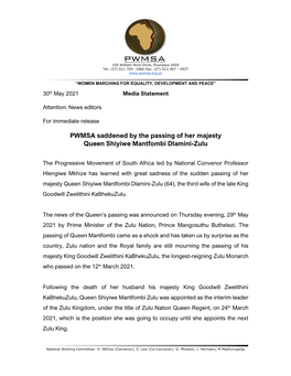 PWMSA Saddened by the Passing of Her Majesty Queen Shiyiwe Mantfombi Dlamini-Zulu