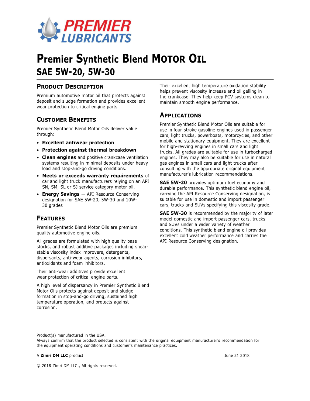 Premier Synthetic Blend MOTOR OIL SAE 5W-20, 5W-30