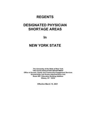 REGENTS DESIGNATED PHYSICIAN SHORTAGE AREAS in NEW YORK