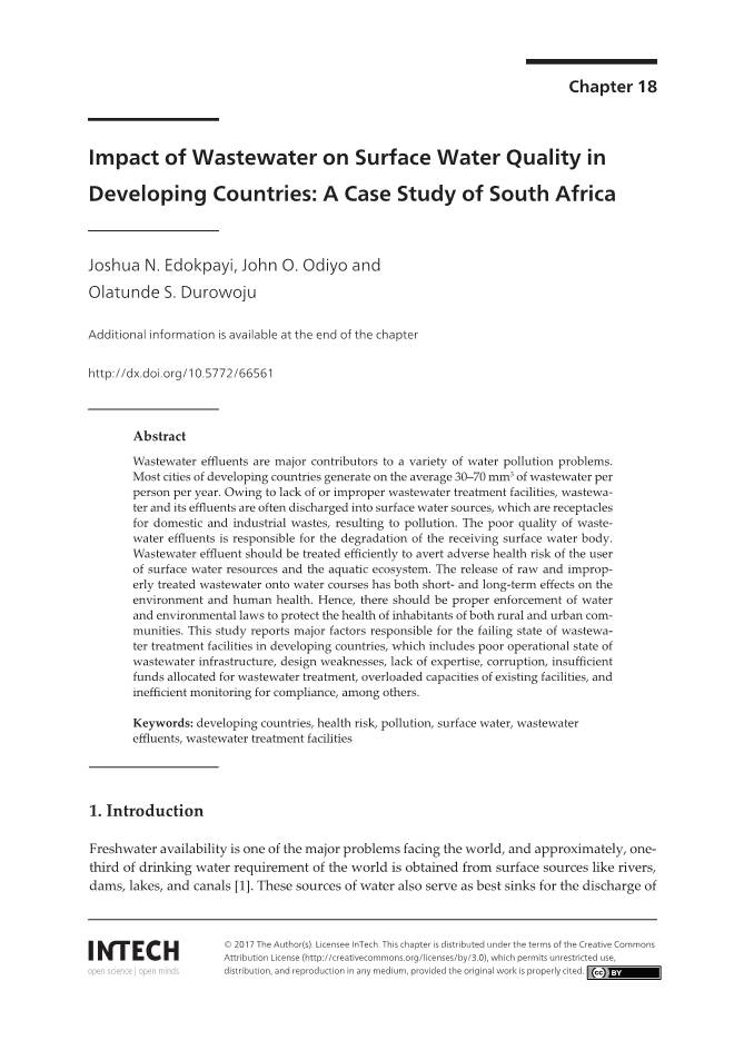 Impact of Wastewater on Surface Water Quality in Developing Countries: a Case Study of South Africa 403