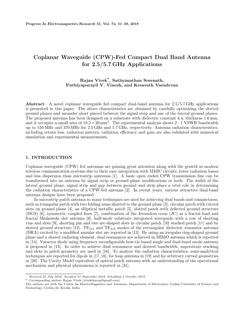 Coplanar Waveguide (CPW)-Fed Compact Dual Band Antenna for 2.5/5.7 Ghz Applications