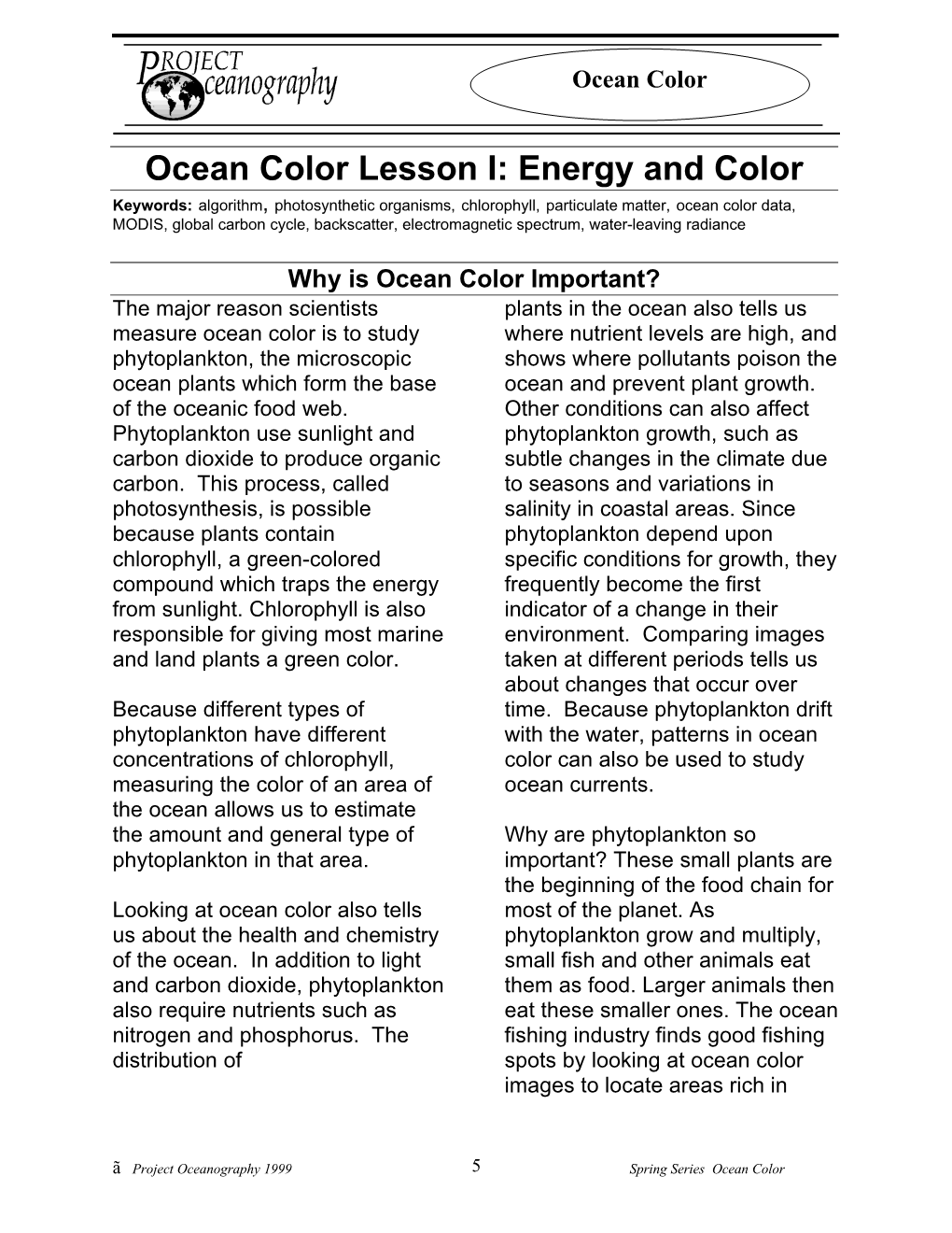Ocean Color Lesson I: Energy and Color