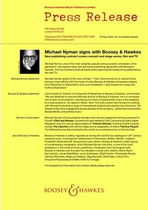 Michael Nyman Signs with Boosey & Hawkes