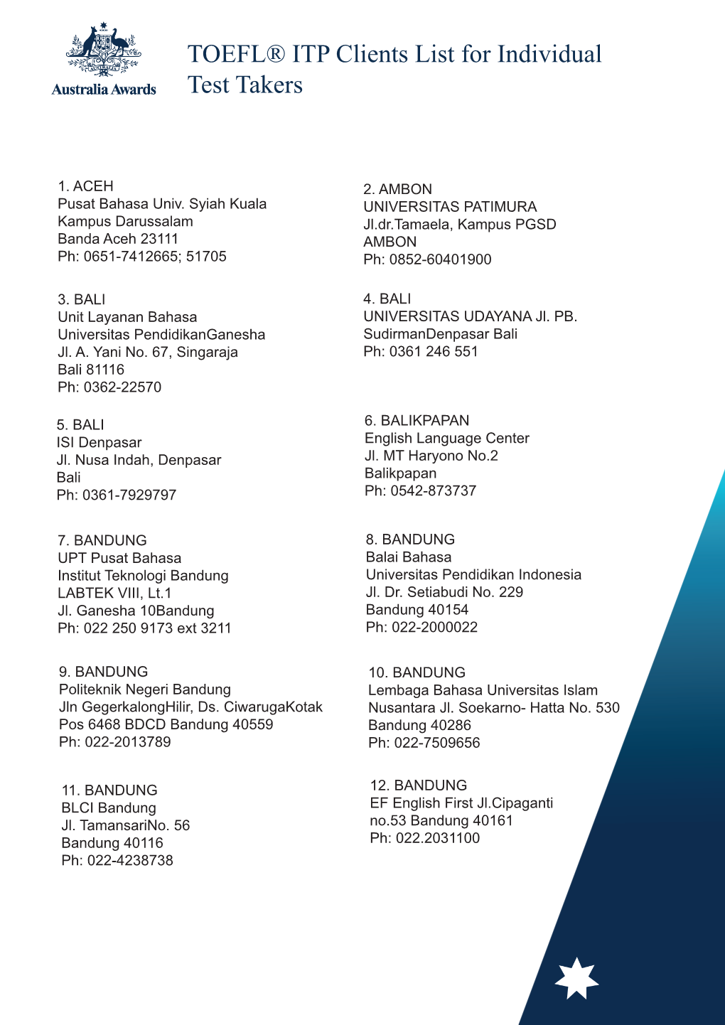 TOEFL® ITP Clients List for Individual Test Takers