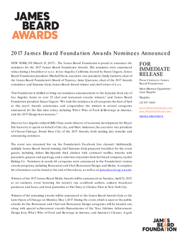 2017 James Beard Foundation Awards Nominees Announced FOR