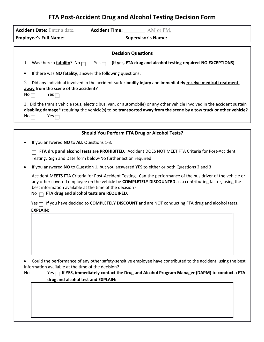 FTA Post-Accident Drug and Alcohol Testing Decision Form