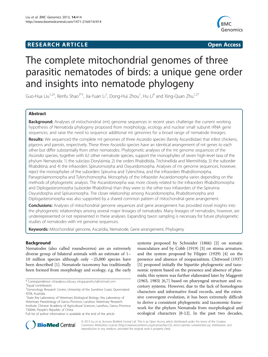 The Complete Mitochondrial Genomes of Three Parasitic Nematodes of Birds