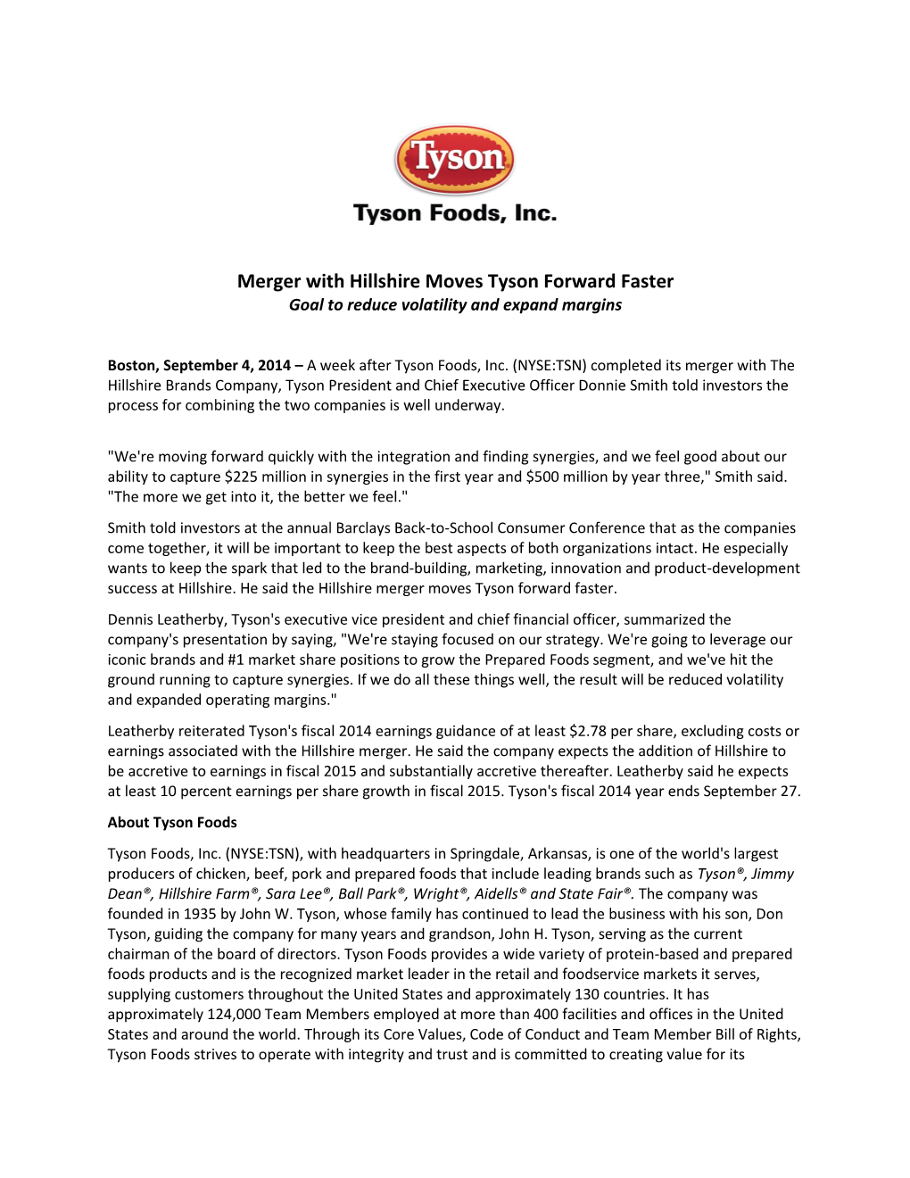 Merger with Hillshire Moves Tyson Forward Faster Goal to Reduce Volatility and Expand Margins