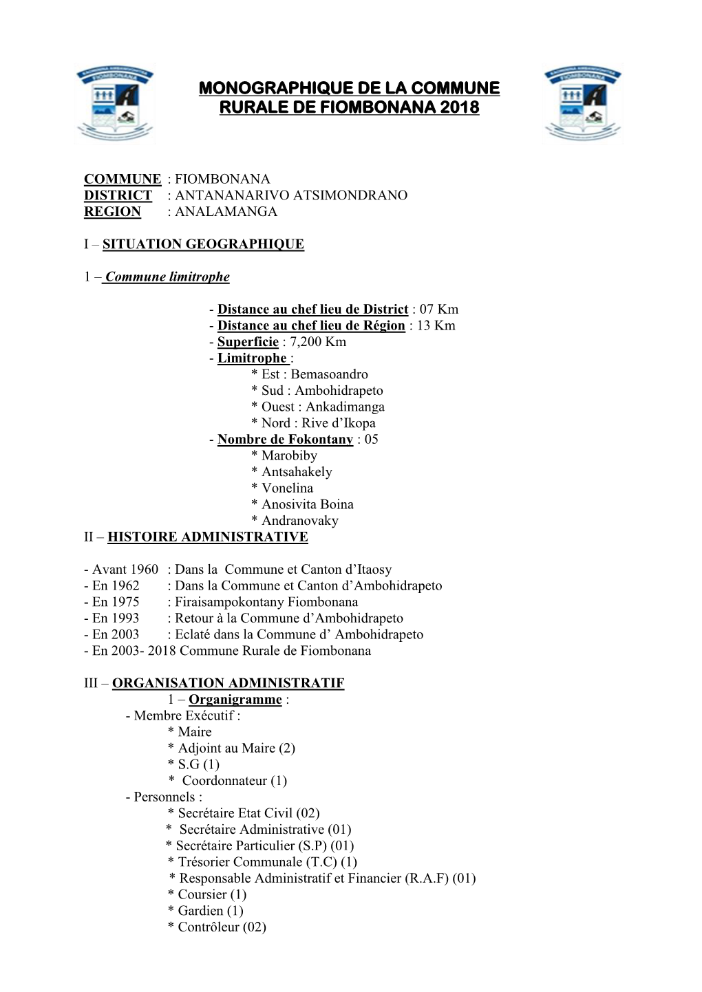 Monographique De La Commune Rurale De Fiombonana 2018