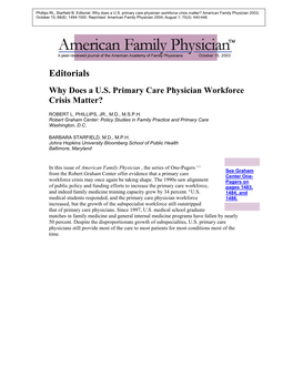 Why Does a U.S. Primary Care Physician Workforce Crisis Matter? American Family Physician 2003; October 15; 68(8): 1494-1500