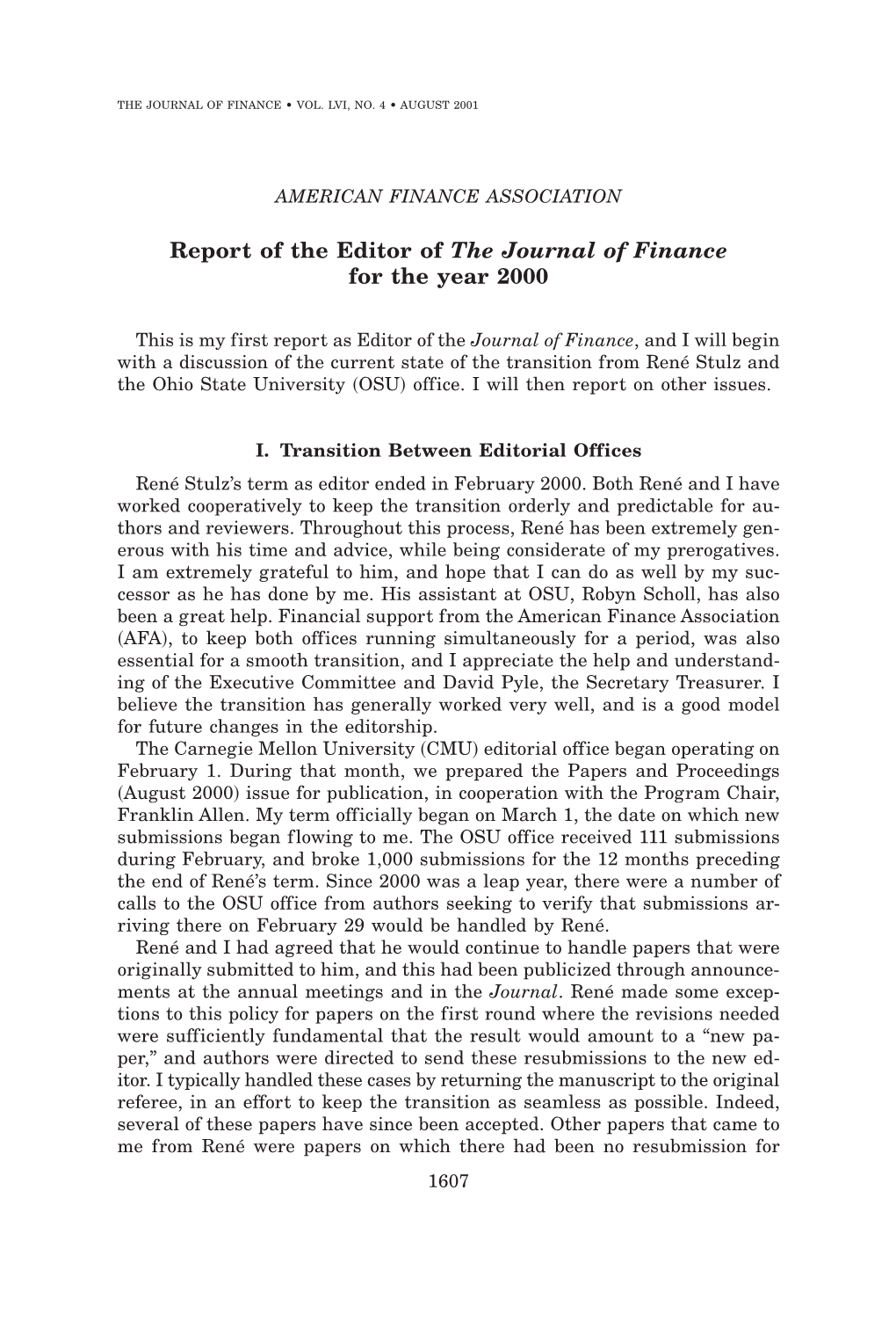 2000 Report: Richard Green, Editor