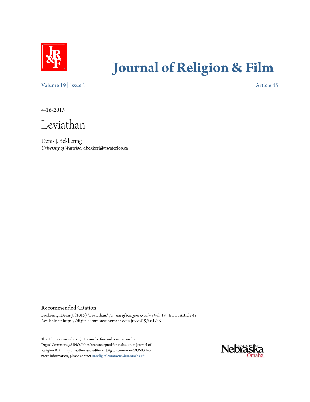 Journal of Religion & Film