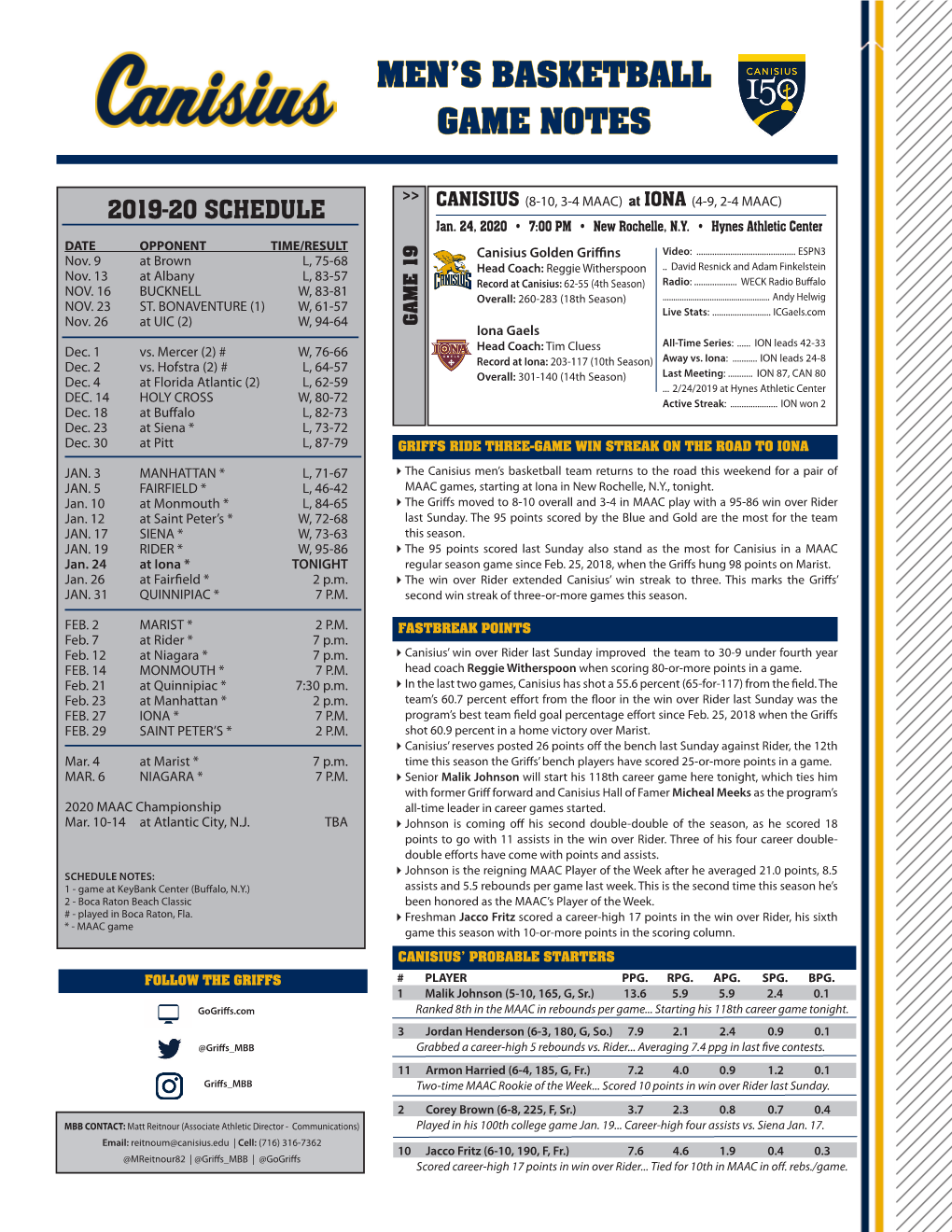 Men's Basketball Game Notes