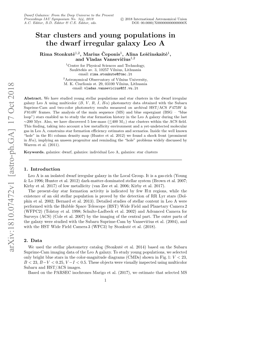 Arxiv:1810.07472V1 [Astro-Ph.GA] 17 Oct 2018 Suprime-Cam Imaging Data of the Leo a Galaxy