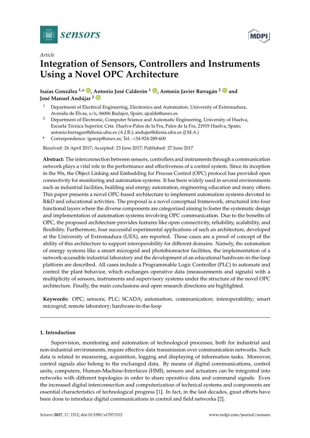 Integration of Sensors, Controllers and Instruments Using a Novel OPC Architecture