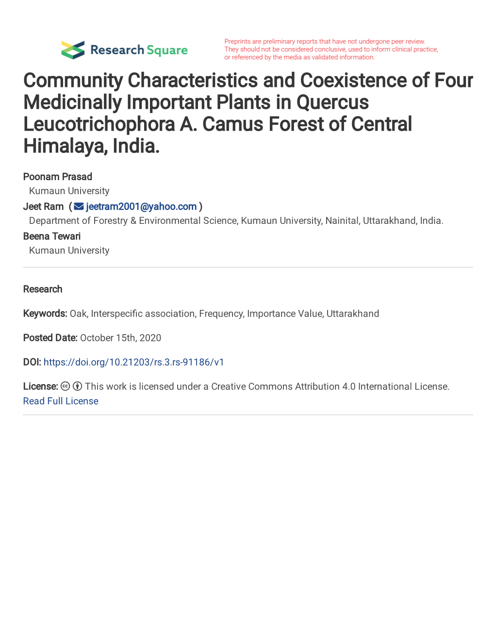 Community Characteristics and Coexistence of Four Medicinally Important Plants in Quercus Leucotrichophora A