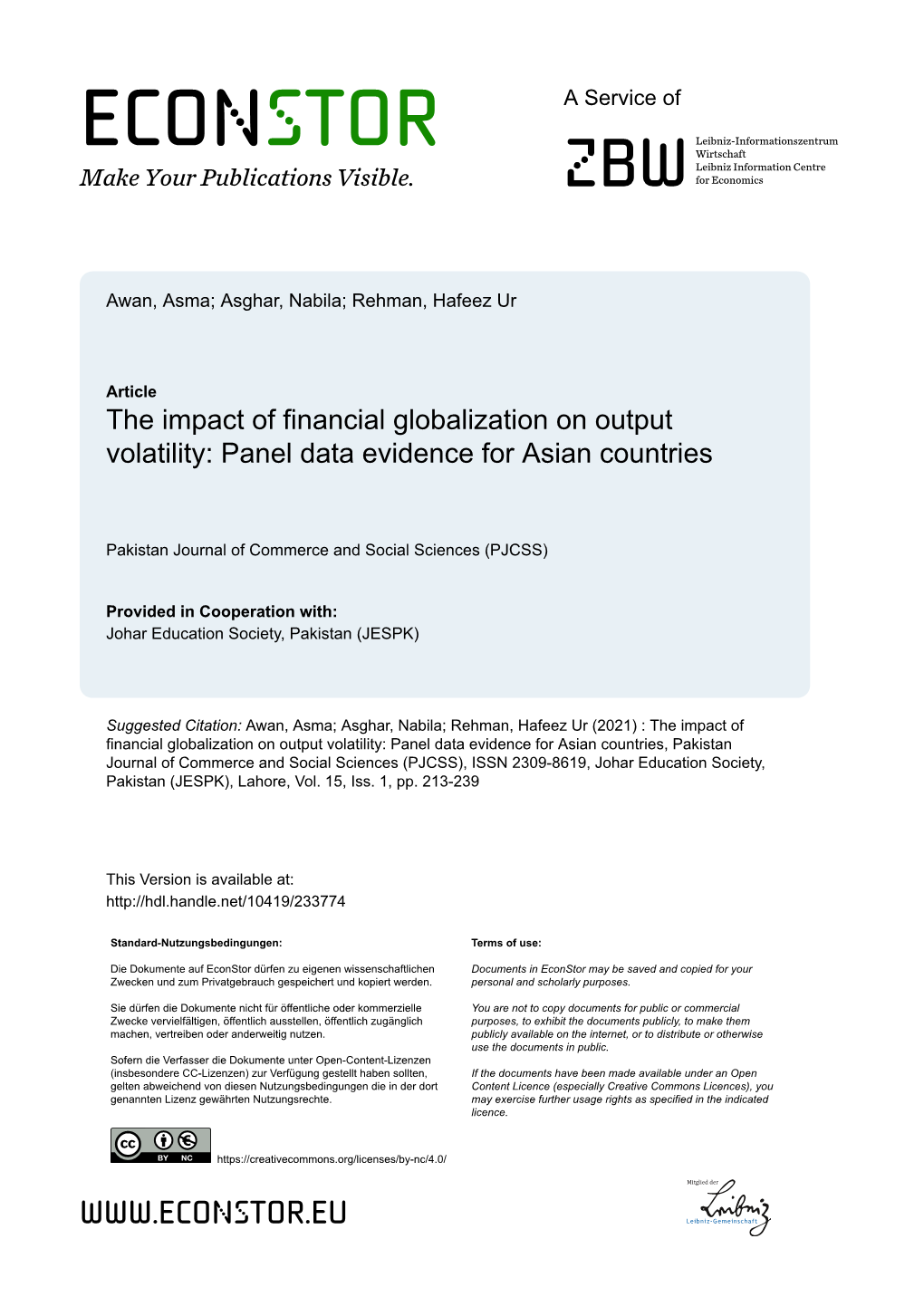 The Impact of Financial Globalization on Output Volatility: Panel Data Evidence for Asian Countries