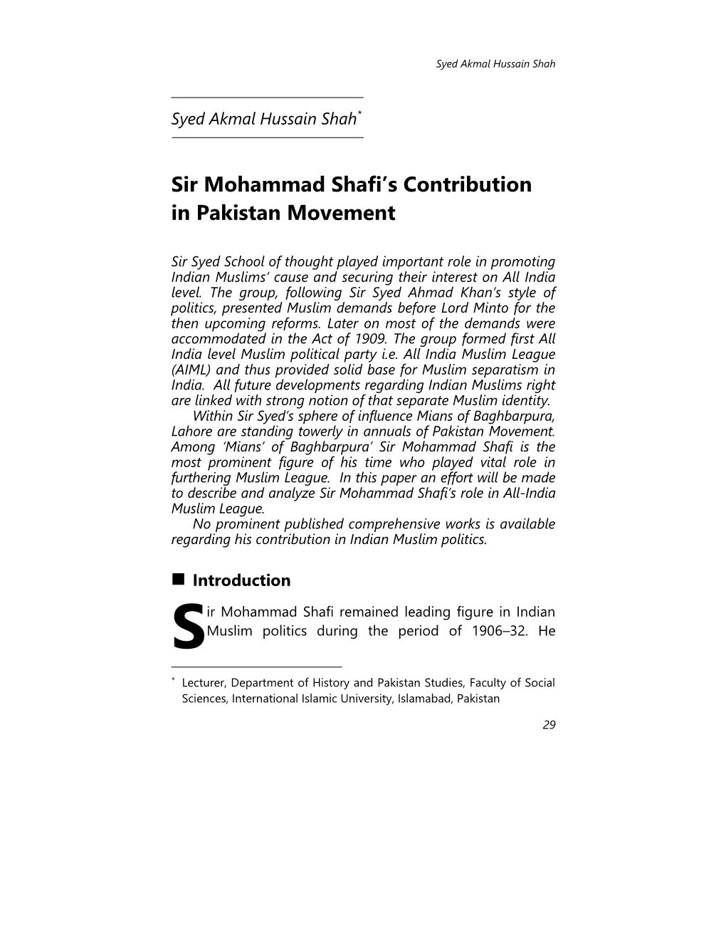 Sir Mohammad Shafi's Contribution in Pakistan Movement