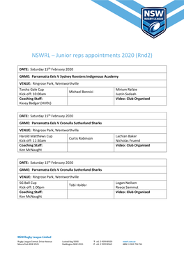 NSWRL – Junior Reps Appointments 2020 (Rnd2)